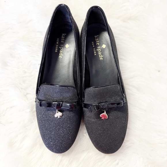 Kate Spade Black Glitter Loafers with Bow Charm - Picture 3 of 8